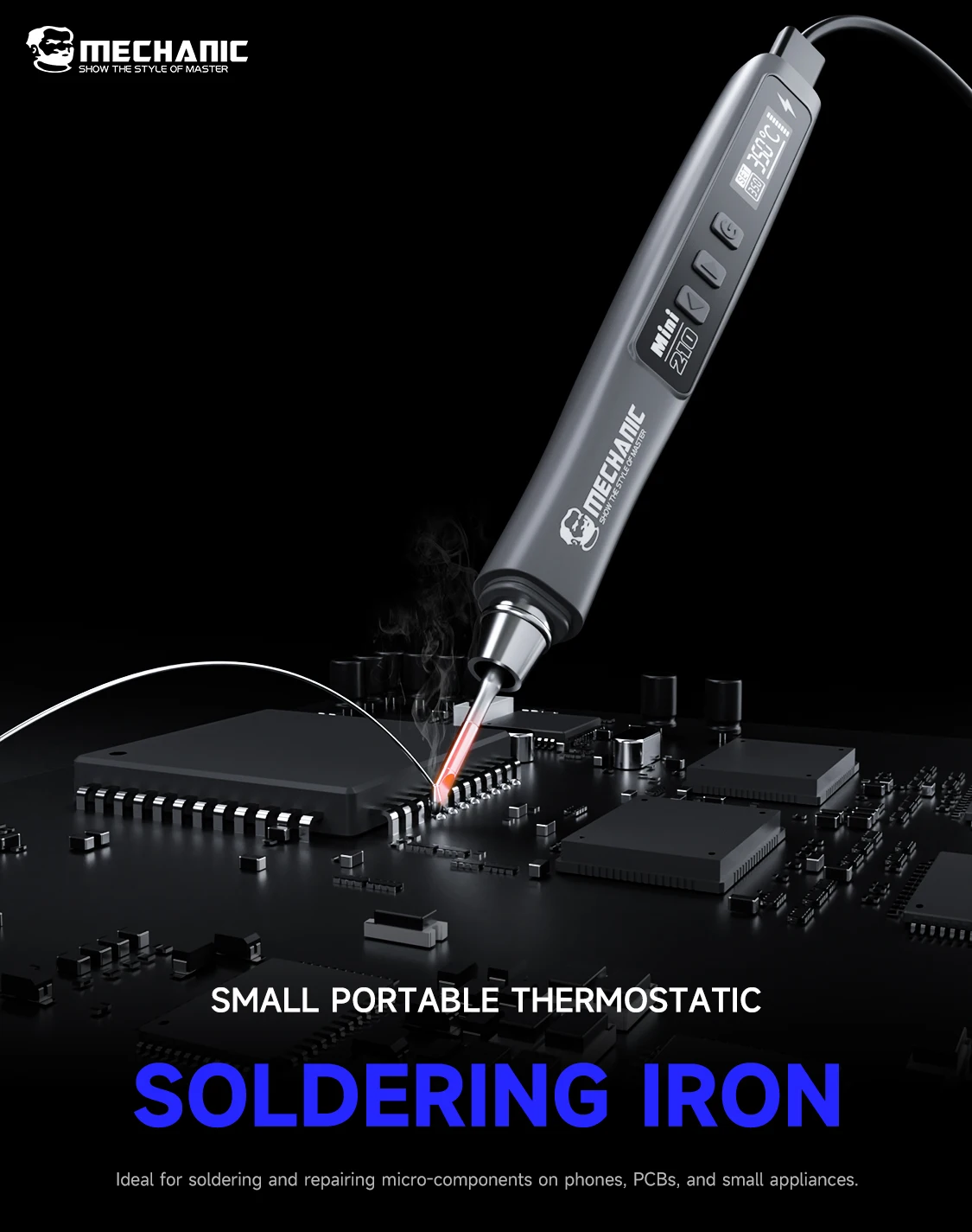 Портативный термостатический паяльник MECHANIC Mini210: автоматический режим сна, точный контроль температуры и паяльные инструменты.
Портативный термостатический паяльник MECHANIC Mini210: автоматический режим сна, точный контроль температуры и паяльные инструменты.
