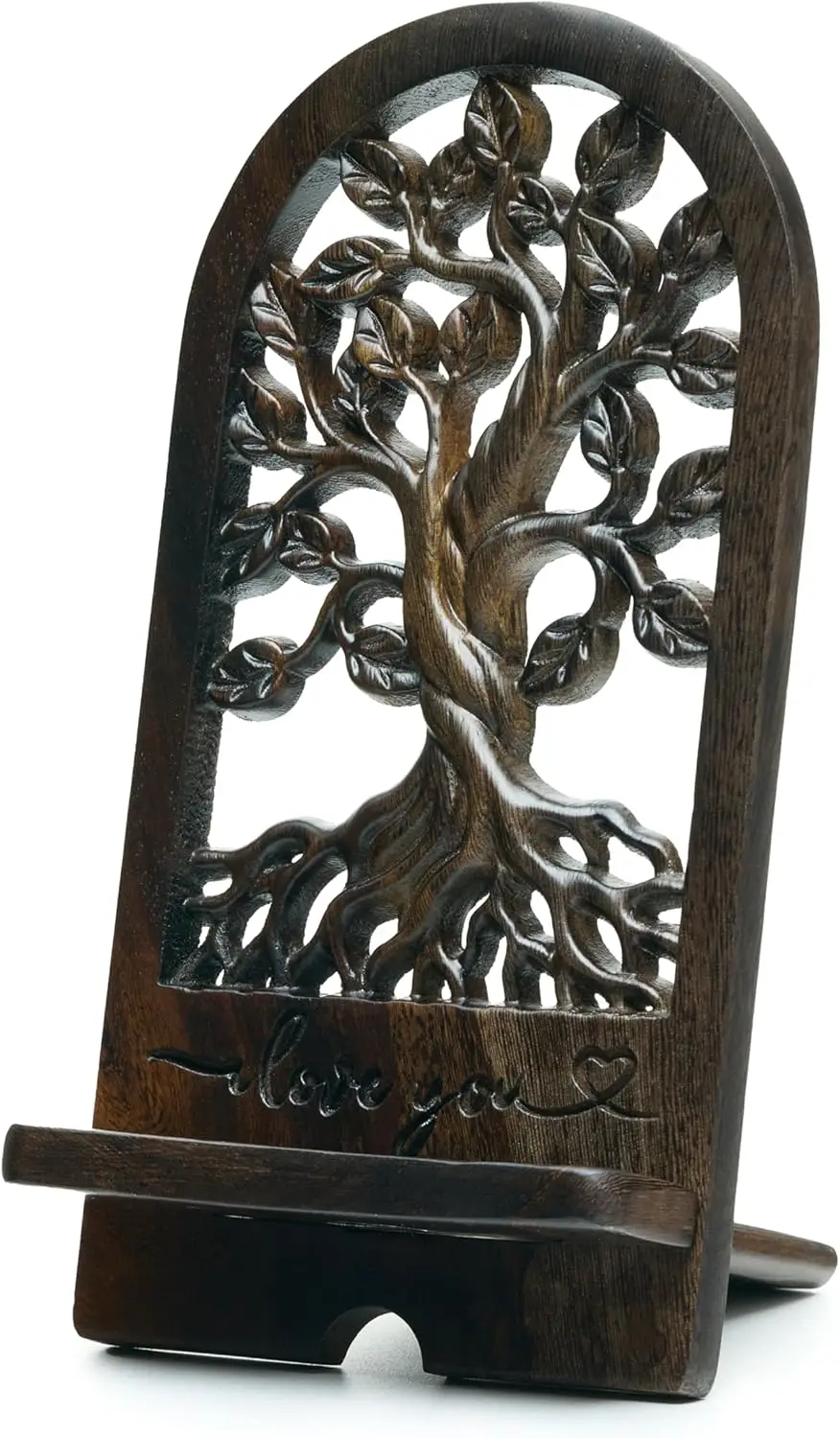 Handcrafted Wooden Tree of Life Phone Stand, Engraved "I Love You" – Vintage Desk Docking Station for Smartphone, Dark Brown
Handcrafted Wooden Tree of Life Phone Stand, Engraved "I Love You" – Vintage Desk Docking Station for Smartphone, Dark Brown
