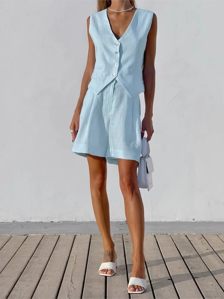 Cotton And Linen Suit Vest Shorts Two-piece Set Women's Summer Elegant Style Solid Color Loose Casual Sleeveless Shorts Set
Cotton And Linen Suit Vest Shorts Two-piece Set Women's Summer Elegant Style Solid Color Loose Casual Sleeveless Shorts Set