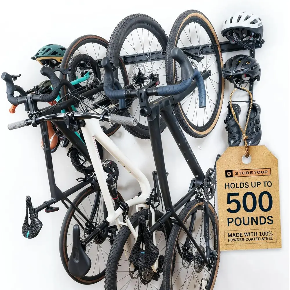 Adjustable Wall Bike Rack - Holds 4 Bikes, Fits Mountain and Road Bikes, Heavy-Duty Steel Hooks, Black
Adjustable Wall Bike Rack - Holds 4 Bikes, Fits Mountain and Road Bikes, Heavy-Duty Steel Hooks, Black