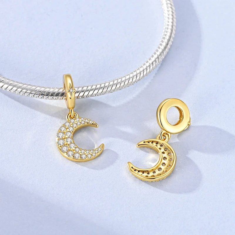 New 925 Sterling Silver Golden Shiny Moon Charms Beads Zircon Dangle Fit 3mm Classic Bracelet DIY Women Birthday Jewelry
New 925 Sterling Silver Golden Shiny Moon Charms Beads Zircon Dangle Fit 3mm Classic Bracelet DIY Women Birthday Jewelry
