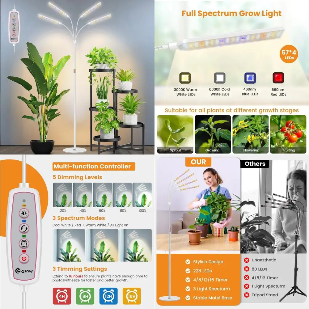 Indoor Plant Growth Lights - 4-Head Full Spectrum LED with Timer, 3 Color Modes, 5 Brightness Levels, Suitable for 24-68.7 Inch
Indoor Plant Growth Lights - 4-Head Full Spectrum LED with Timer, 3 Color Modes, 5 Brightness Levels, Suitable for 24-68.7 Inch
