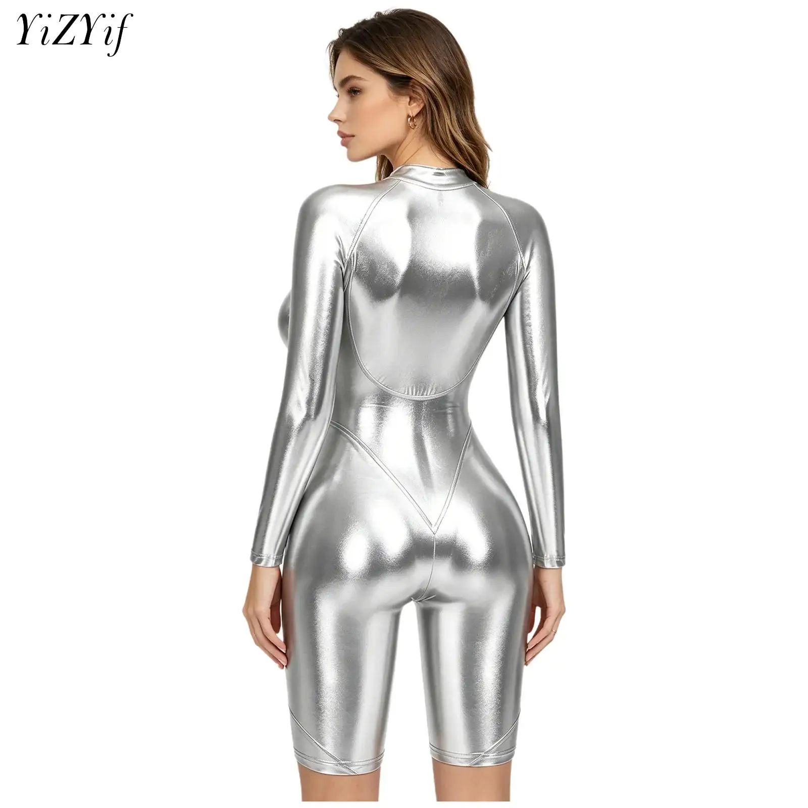 Womens Metallic Shiny Jumpsuit Clubwear Swimwear Glossy Long Sleeve Zipper Short Rompers for Disco Party Nightclub Role Play
Womens Metallic Shiny Jumpsuit Clubwear Swimwear Glossy Long Sleeve Zipper Short Rompers for Disco Party Nightclub Role Play