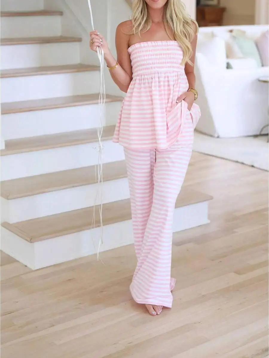 Womens Pink Striped Off-Shoulder Top And Matching Wide Leg Pants Set
Womens Pink Striped Off-Shoulder Top And Matching Wide Leg Pants Set