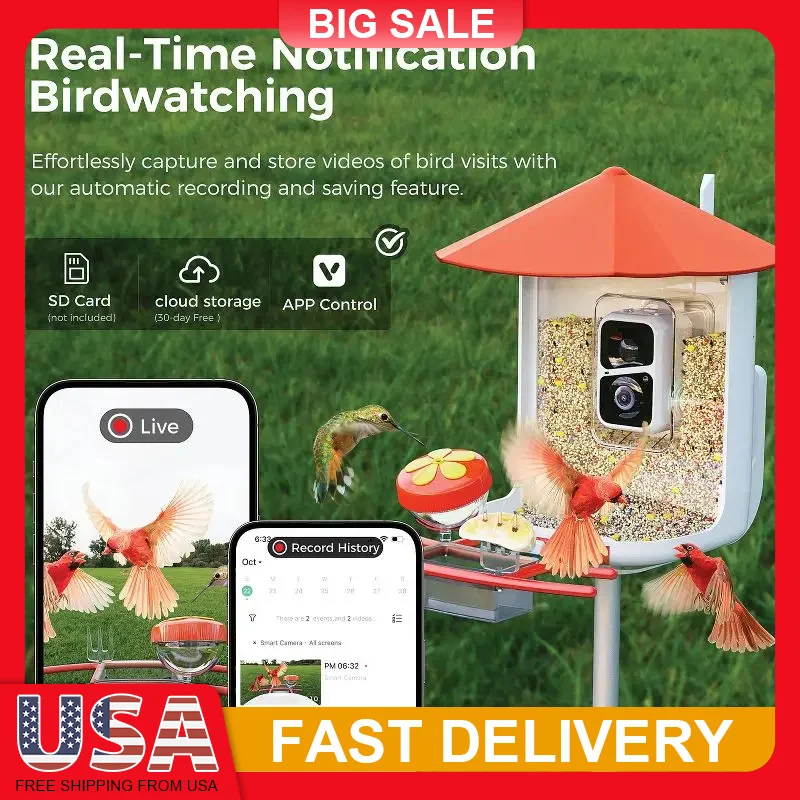 Smart Bird Feeder with Camera 1080P HD AI Bird Identification Solar Powered Night Vision 2 Way Audio Waterproof IP65 for Outdoor
Smart Bird Feeder with Camera 1080P HD AI Bird Identification Solar Powered Night Vision 2 Way Audio Waterproof IP65 for Outdoor