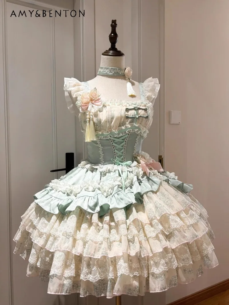 2025 New Summer New Chinese Green Print Dress Lolita Cute Sweet Waist Thin Half Open Neck Dress For Women
2025 New Summer New Chinese Green Print Dress Lolita Cute Sweet Waist Thin Half Open Neck Dress For Women