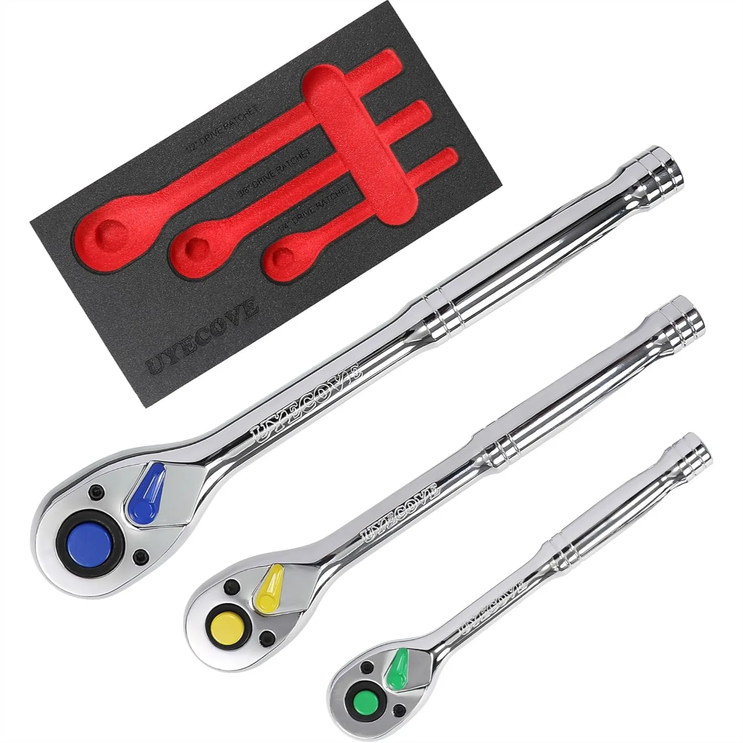 Ratchet Set with 1/4, 3/8, 1/2 Inch Drive Sockets and IXPE Tray - 72-Tooth Reversible Tool for Easy DIY Projects
Ratchet Set with 1/4, 3/8, 1/2 Inch Drive Sockets and IXPE Tray - 72-Tooth Reversible Tool for Easy DIY Projects