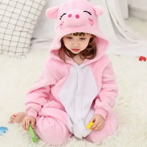 4 8 10 12 Years Girls Purple Pink Jumpsuits Pig Unicorn Pajamas Kigurumi Toddler Kids Hooded Flannel Home Wear Children Onesie