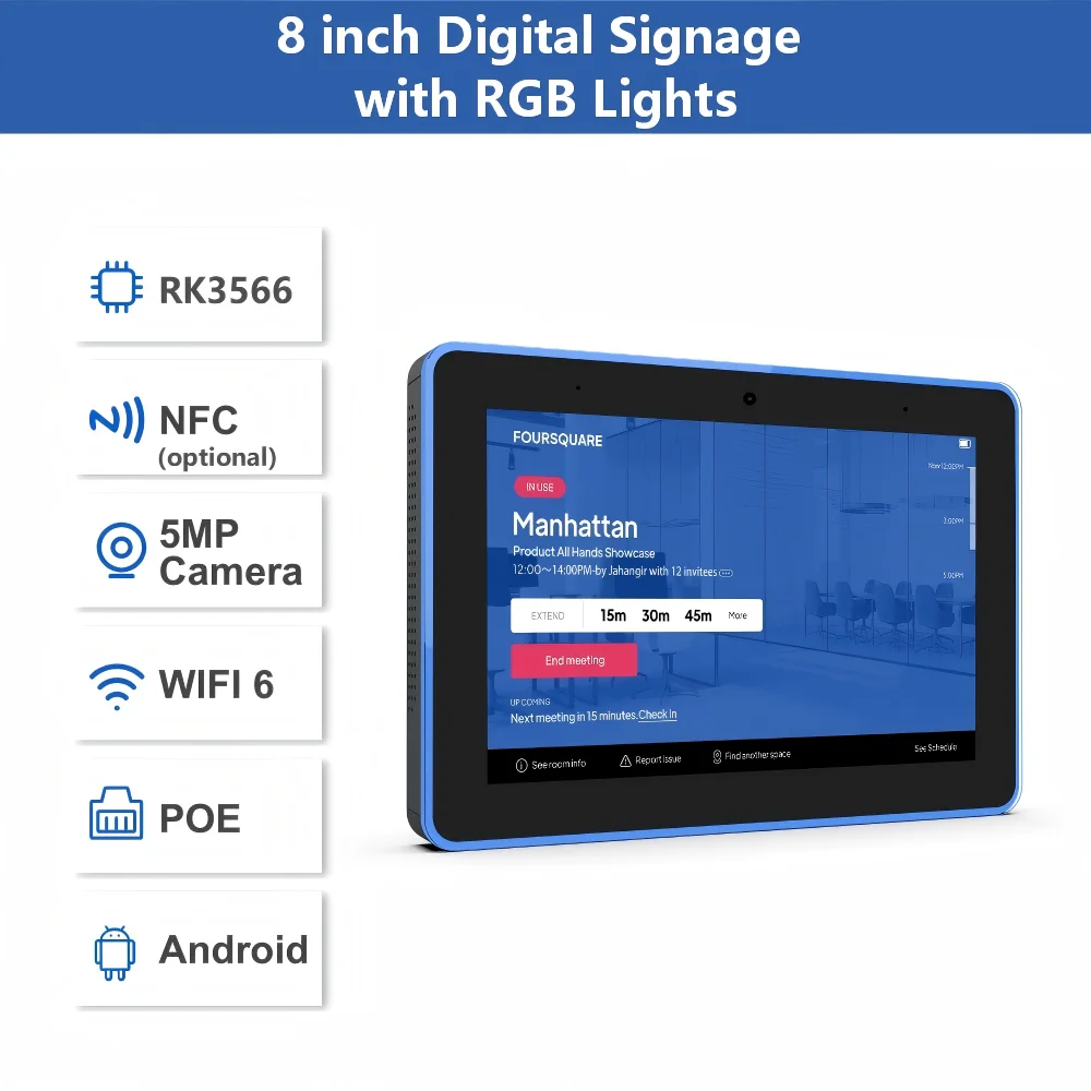 10.1 Smart Android 11 Meetint Booking Tablet With 4 RGB Light Bars POE Industrial Display HDMI NFC RFID Access Control Unit