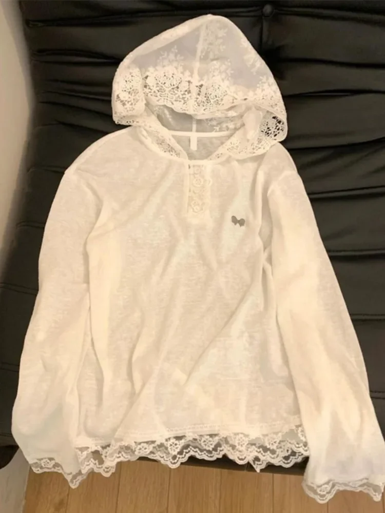 American Patchwork Lace Hooded Tops Mujer 2025 Autumn New Long-sleeved T-shirt Woman White All-match Sun Protection Tee
American Patchwork Lace Hooded Tops Mujer 2025 Autumn New Long-sleeved T-shirt Woman White All-match Sun Protection Tee
