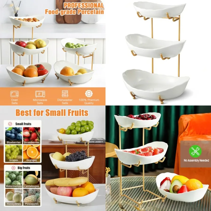 Ceramic Fruit Bowl for Kitchen Counter - 3 Tier Fruit Basket with Metal Stand, Tiered Fruit Stand for Countertop, Snack, Nuts,
Ceramic Fruit Bowl for Kitchen Counter - 3 Tier Fruit Basket with Metal Stand, Tiered Fruit Stand for Countertop, Snack, Nuts,