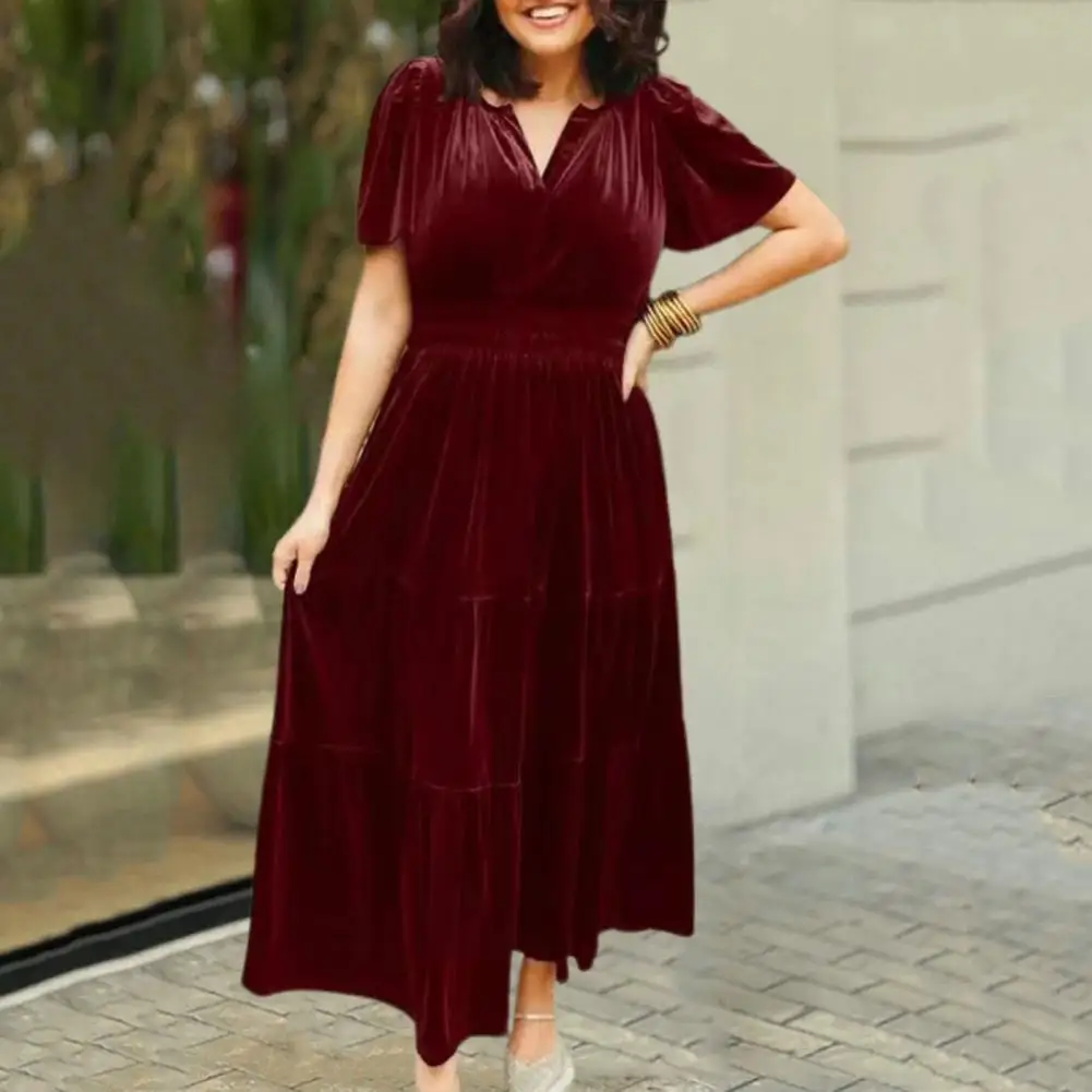 Summer Women Dress A-line Big Swing Short Sleeve Dress V Neck Tight Waist Ankle Length Maxi Dress
Summer Women Dress A-line Big Swing Short Sleeve Dress V Neck Tight Waist Ankle Length Maxi Dress