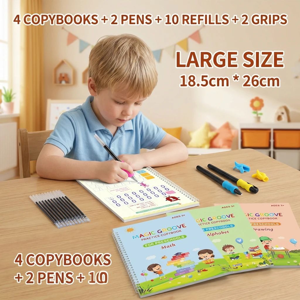 4Pcs Large Reusable Magic Writing Book English Calligraphy Practice Copybook with Wipe Pen
4Pcs Large Reusable Magic Writing Book English Calligraphy Practice Copybook with Wipe Pen