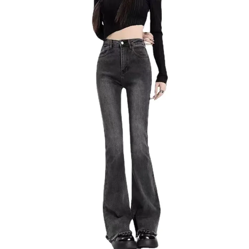 Черные, серые микро-рыжие джинсы, женские осенне-зимние тонкие брюки-подкова с высокой талией, тонкие эластичные маленькие расклешенные брюки с волосатыми краями 
Черные, серые микро-рыжие джинсы, женские осенне-зимние тонкие брюки-подкова с высокой талией, тонкие эластичные маленькие расклешенные брюки с волосатыми краями