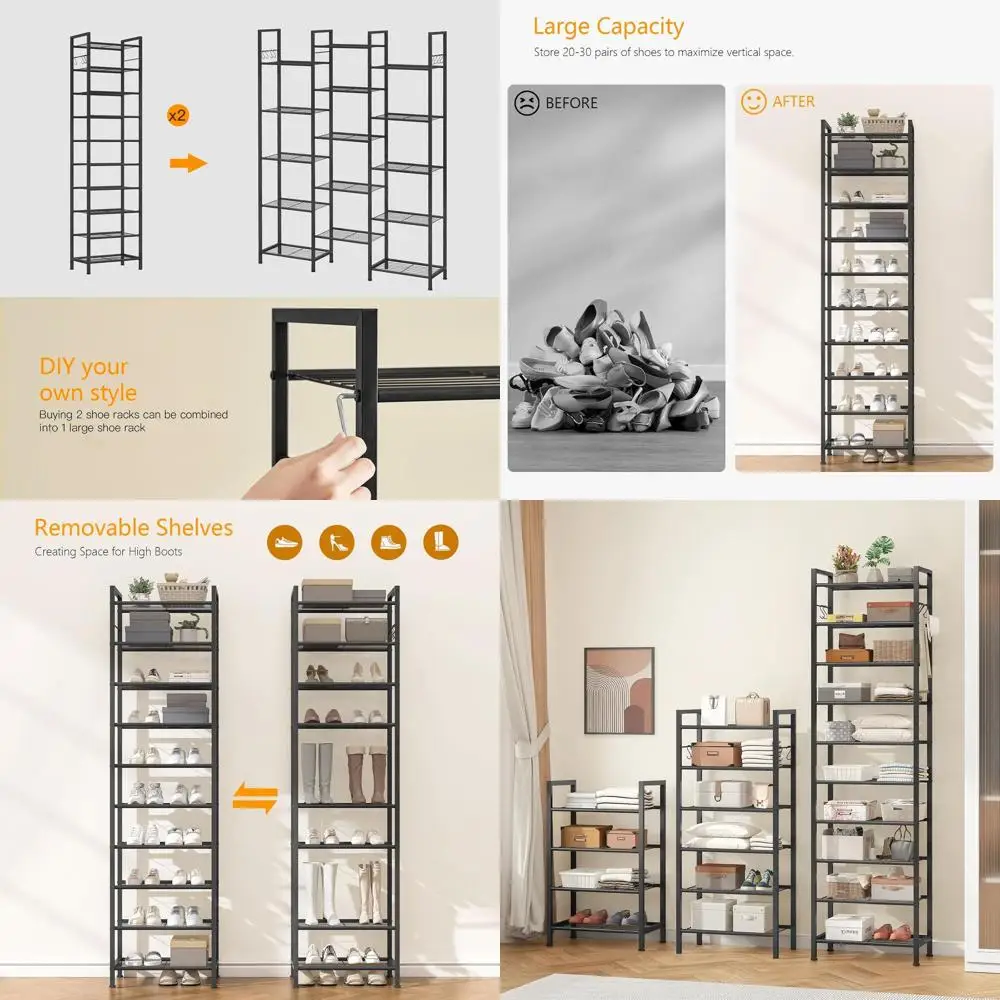 10-Tier Slim Metal Shoe Rack, 20-30 Pair Storage with Hooks, Space-Saving Organizer for Entryway, Black
10-Tier Slim Metal Shoe Rack, 20-30 Pair Storage with Hooks, Space-Saving Organizer for Entryway, Black