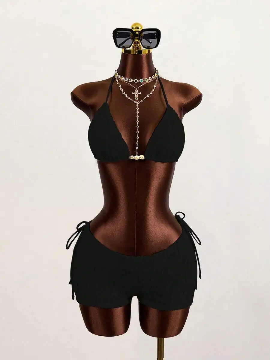 Women Solid Textured Fabric Tie Neck Bikini Set With Shorts
Women Solid Textured Fabric Tie Neck Bikini Set With Shorts