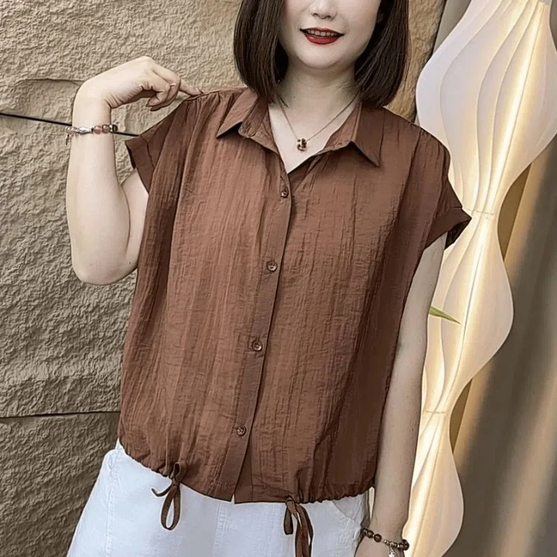 Solid Temperament Shirt Tops Casual Summer New Short Sleeve Loose All-match Drawstring Vintage Blouse Fashion Women Clothing
Solid Temperament Shirt Tops Casual Summer New Short Sleeve Loose All-match Drawstring Vintage Blouse Fashion Women Clothing