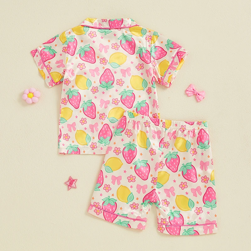 Girls Cute Summer Pajama Set with Bow Detail Fruit Print Lapel Collar Short Sleeves Button Down Top Shorts and Satin
Girls Cute Summer Pajama Set with Bow Detail Fruit Print Lapel Collar Short Sleeves Button Down Top Shorts and Satin