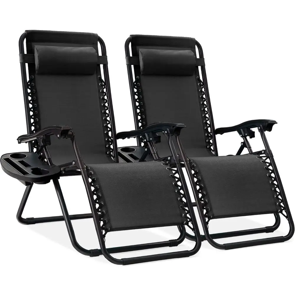 Set of 2 Adjustable Steel Mesh Zero Gravity Lounge Chair Recliners w Pillows and Cup Holder Trays Black
Set of 2 Adjustable Steel Mesh Zero Gravity Lounge Chair Recliners w Pillows and Cup Holder Trays Black