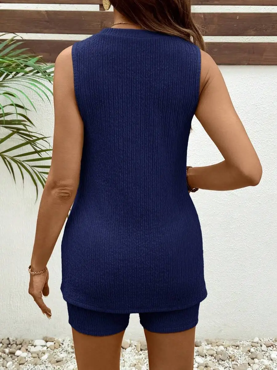 2pcs Women Summer Casual Ribbed Knit Tank Top And Adjustable Waist Shorts Set
2pcs Women Summer Casual Ribbed Knit Tank Top And Adjustable Waist Shorts Set