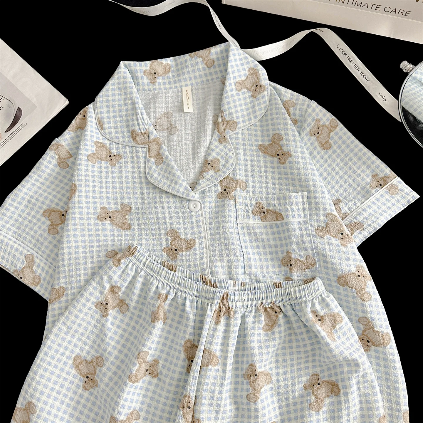 Summer Short Sleeve Sleepwear Women's Bubble Gauze Pleated Cardigan Sweet Little Cherry Thin Home Clothes Set Casual Style 6 S99933e0269a64e83bb7bf8698dcab136Q