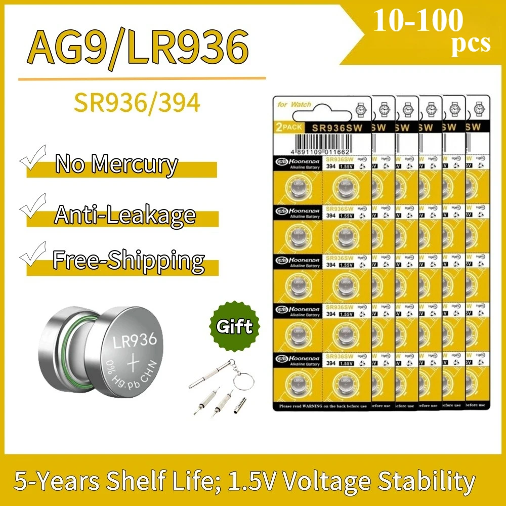 10-100PCS 1.55V AG9 50mAh Button Cell LR936 394 SR936SW CX194 LR45 G9A 194 394A SR936 L936F Cell Coin Watch Toys Remote Battery
10-100PCS 1.55V AG9 50mAh Button Cell LR936 394 SR936SW CX194 LR45 G9A 194 394A SR936 L936F Cell Coin Watch Toys Remote Battery