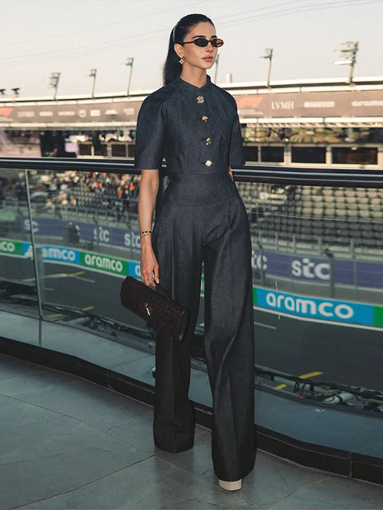 Vintage Denim Pants Set Women 2 Pieces Stand Collar Single Breasted Cropped Coat Wide Leg Pant Lace Up Trousers 2026 Summer Suit
Vintage Denim Pants Set Women 2 Pieces Stand Collar Single Breasted Cropped Coat Wide Leg Pant Lace Up Trousers 2026 Summer Suit
