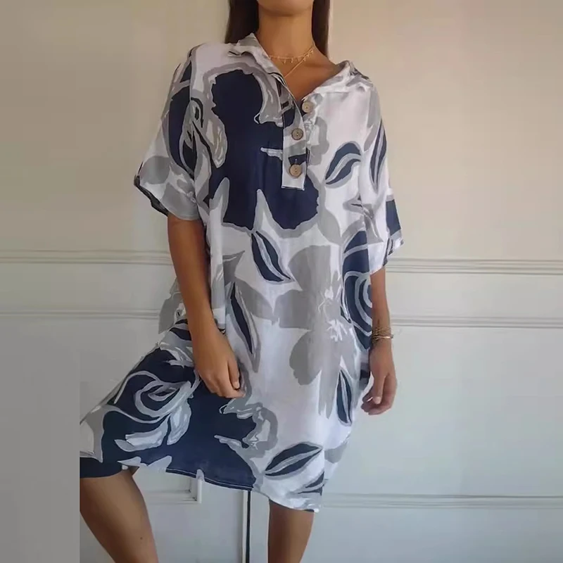 Women's Cotton and Linen Pattern Printed Party Dress Spring Lapel Neck Button Office Dress Summer Half Sleeve Pocket Femme Dress
Women's Cotton and Linen Pattern Printed Party Dress Spring Lapel Neck Button Office Dress Summer Half Sleeve Pocket Femme Dress