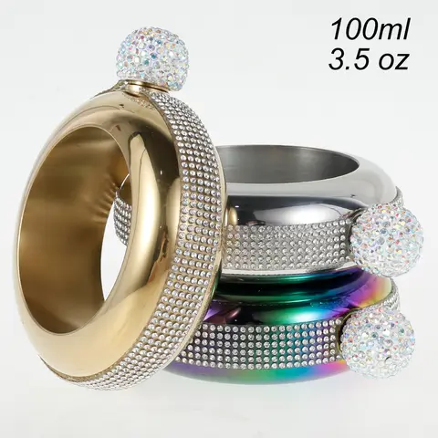 Bracelet Flask for Women 304 Stainless Steel Bangle Flask 3.5 oz Creative Decorative Bracelet Flask with Rhinestone Lid Party