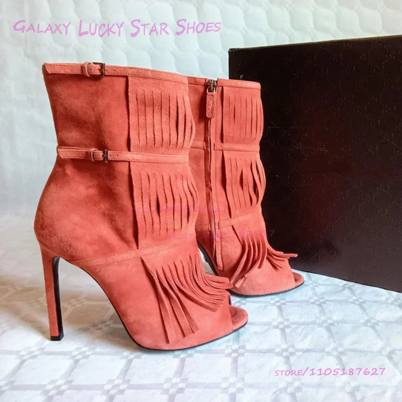 Orange Tassel Peep Toe Stiletto Boots Women Side Zipper Open Patchwork Weave Solid Color Calf Fringe Booties Casual Lady Shoes
Orange Tassel Peep Toe Stiletto Boots Women Side Zipper Open Patchwork Weave Solid Color Calf Fringe Booties Casual Lady Shoes