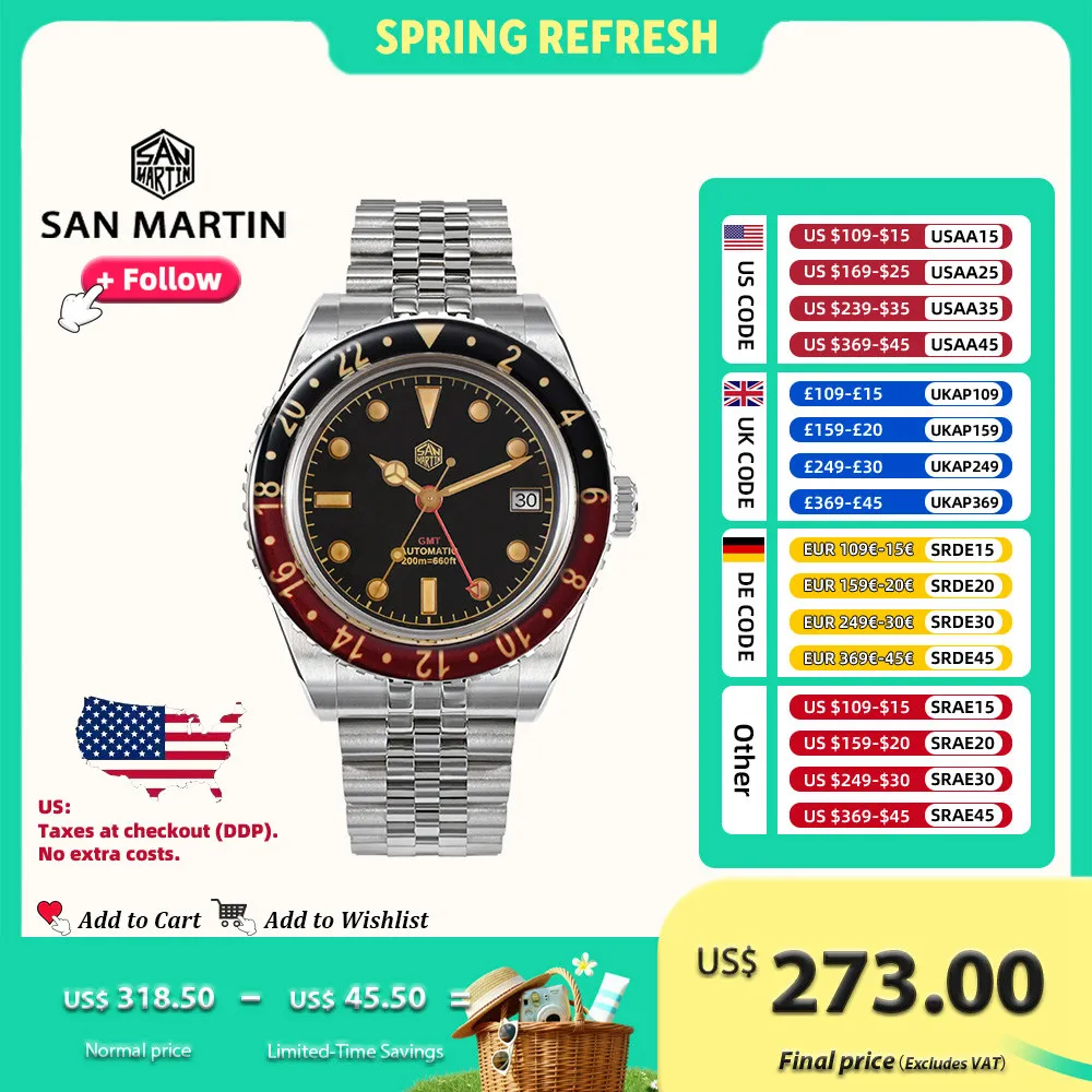 San Martin 40mm SN0005 Retro GMT NH34 Automatic Distressed Patina Dial Bi-color Sapphire Bezel Jubilee Mens Watches 20Bar Lume
San Martin 40mm SN0005 Retro GMT NH34 Automatic Distressed Patina Dial Bi-color Sapphire Bezel Jubilee Mens Watches 20Bar Lume