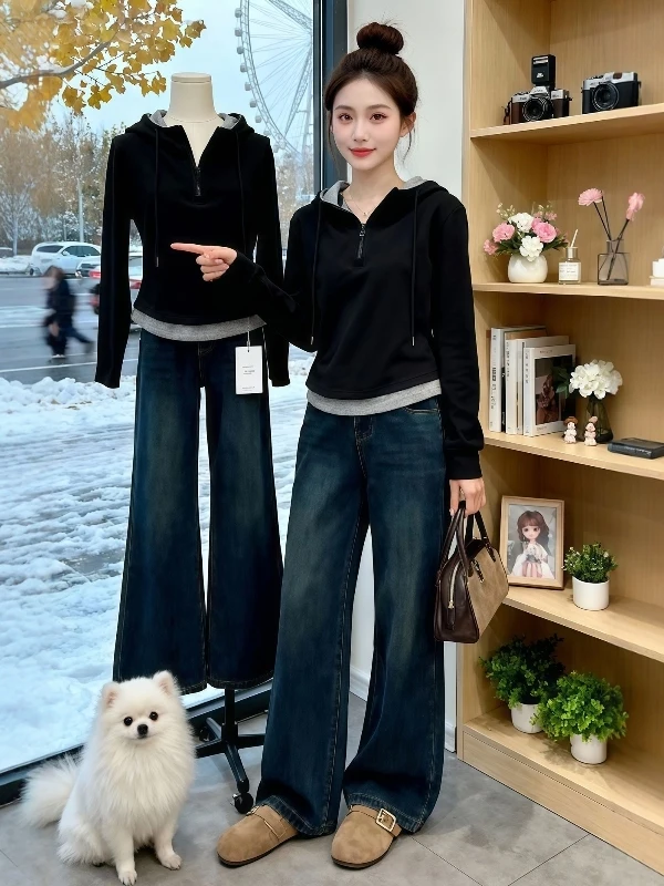 Pure Cotton Hooded Fake Two-Piece Sweatirt Women's plus Size Early Spring New Sle Slimming Versatile Long Sve Top
Pure Cotton Hooded Fake Two-Piece Sweatirt Women's plus Size Early Spring New Sle Slimming Versatile Long Sve Top