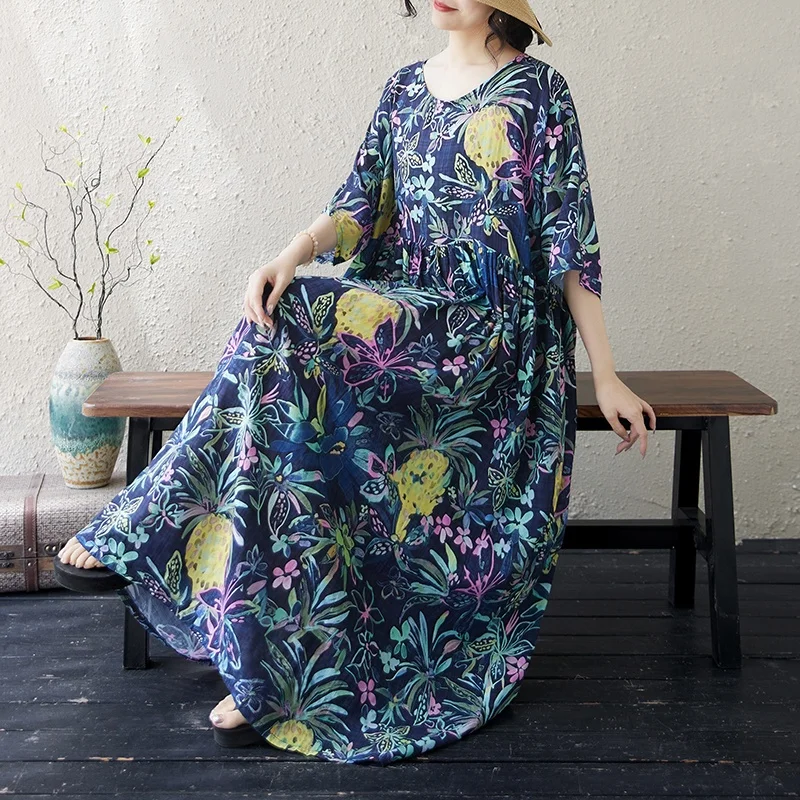 Retro Floral Print Cotton Linen Loose Fit round Neck Summer Dress for Women High Waist Gored Skirt Short Sleeve Long Dress
Retro Floral Print Cotton Linen Loose Fit round Neck Summer Dress for Women High Waist Gored Skirt Short Sleeve Long Dress