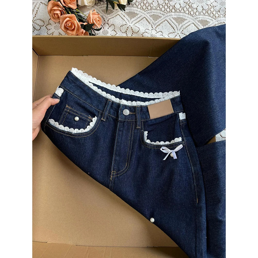 Retro Dark Blue Denim Pants for Women Spring Autumn Sweet Lace Bow Jeans Female American Style Straight Loose Wide Leg Pants
Retro Dark Blue Denim Pants for Women Spring Autumn Sweet Lace Bow Jeans Female American Style Straight Loose Wide Leg Pants