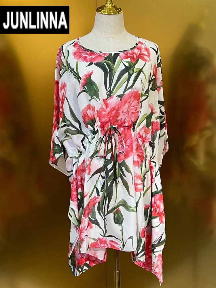 JUNLINNA 100% Silk Flower Printing Loose Dresses One Free Size Women Batwing Sleeve Shirring Waist Party Vacation Vestidos
JUNLINNA 100% Silk Flower Printing Loose Dresses One Free Size Women Batwing Sleeve Shirring Waist Party Vacation Vestidos