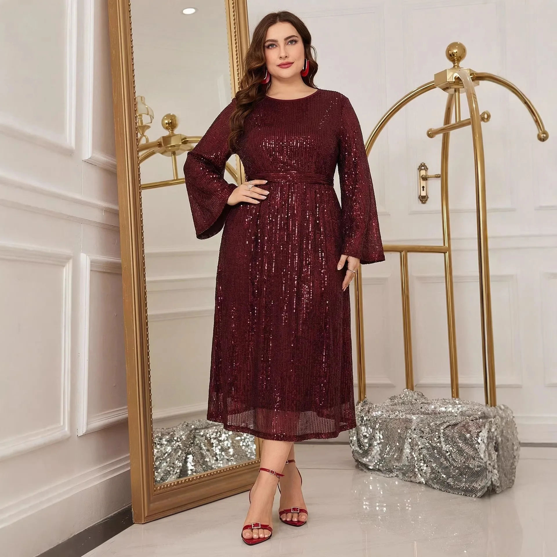 Plus Size Burgundy Round Neck Flare Long Sleeve Vertical Sequin Midi Dress Elastic Gathered Waist Flowy A Line Cocktail Evening
Plus Size Burgundy Round Neck Flare Long Sleeve Vertical Sequin Midi Dress Elastic Gathered Waist Flowy A Line Cocktail Evening