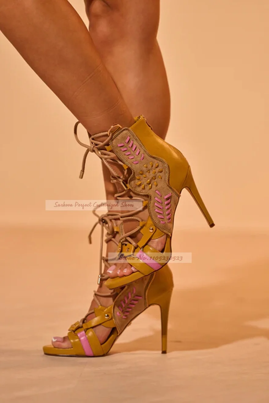 Women Yellow Pink Color Patchwork Lace-Up Sandals Braided Sewed Hollow Out Caged Booties Ring Buckle Studded Tied Dress Shoes
Women Yellow Pink Color Patchwork Lace-Up Sandals Braided Sewed Hollow Out Caged Booties Ring Buckle Studded Tied Dress Shoes