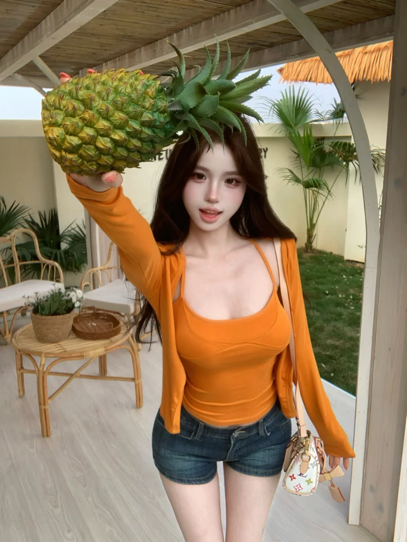 Orange V-Neck Long Sleeve Sun Protection Cardigan Women's Sexy Short Camisole Set Summer Fashion Outerwear Inner Wear Two-Pie...
Orange V-Neck Long Sleeve Sun Protection Cardigan Women's Sexy Short Camisole Set Summer Fashion Outerwear Inner Wear Two-Pie...