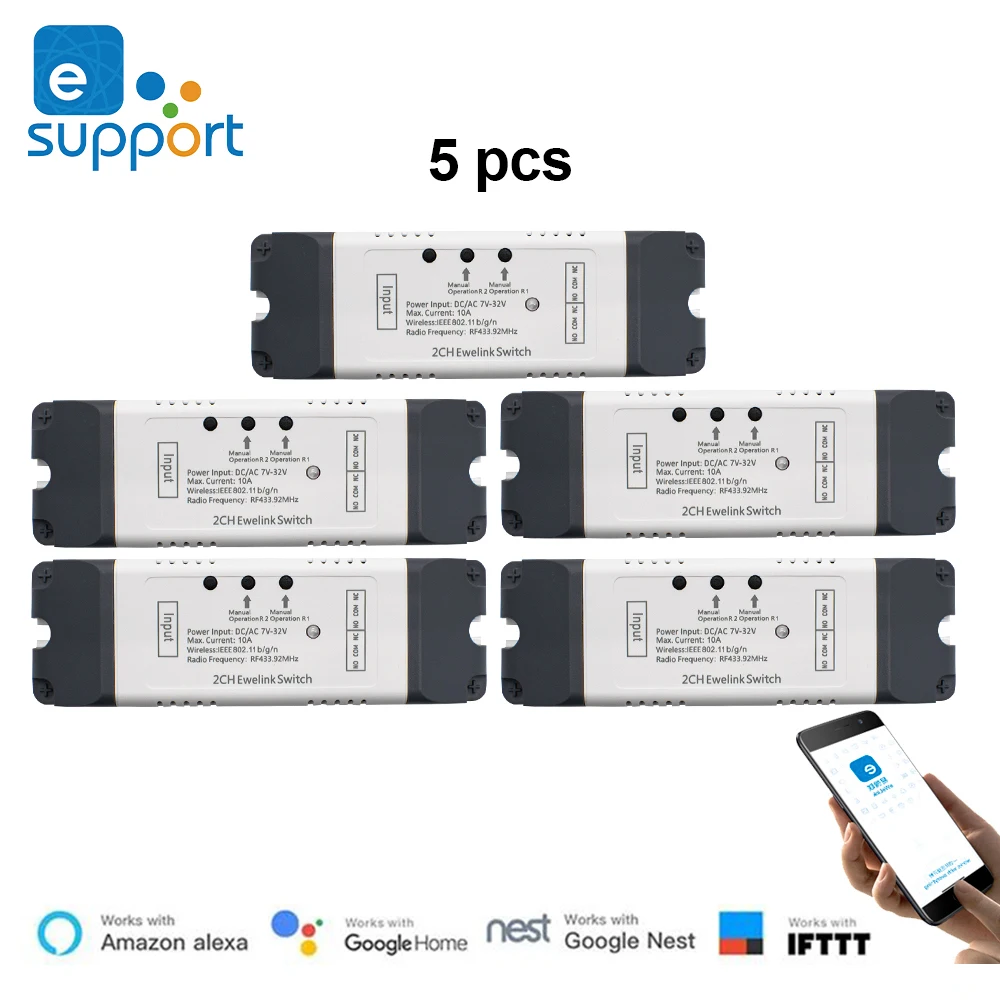 5pcs eWeLink Smart Wifi Relay Module On Off Controller 2CH 5V 12V 32V 220V RF Receiver APP Controller Light Switch Smart Home
5pcs eWeLink Smart Wifi Relay Module On Off Controller 2CH 5V 12V 32V 220V RF Receiver APP Controller Light Switch Smart Home