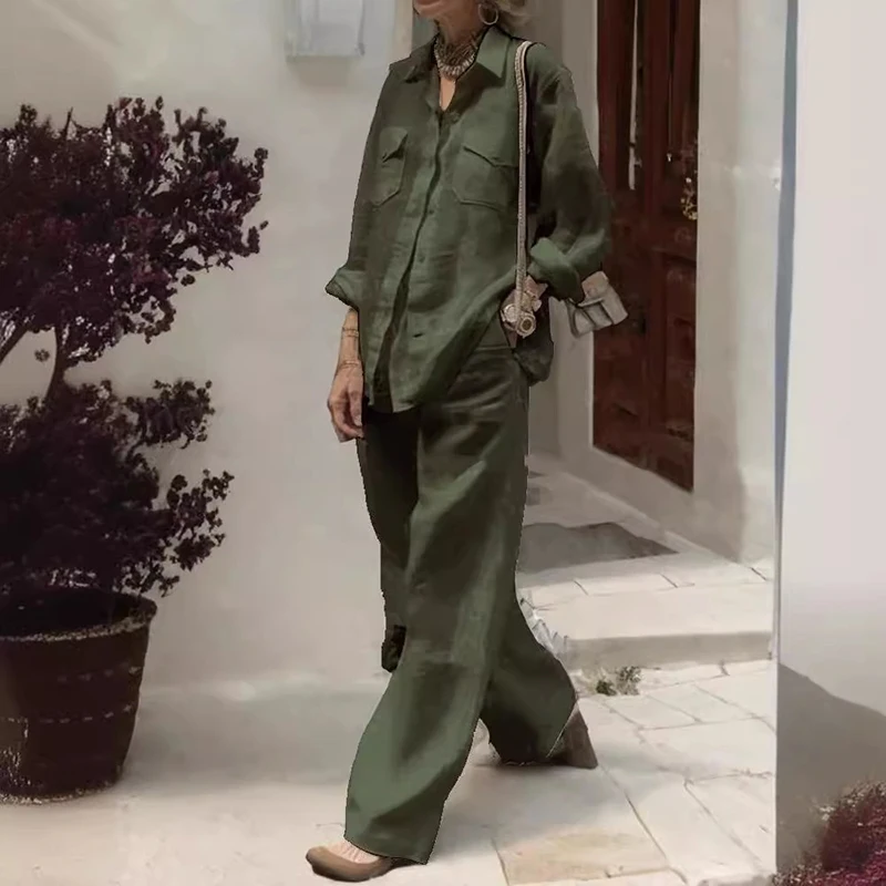 Spring Summer Fashion Women's Long Sleeve Shirt 2 Piece Sets Solid Color Single Breasted Top and Straight Pants with Pocket Suit
Spring Summer Fashion Women's Long Sleeve Shirt 2 Piece Sets Solid Color Single Breasted Top and Straight Pants with Pocket Suit