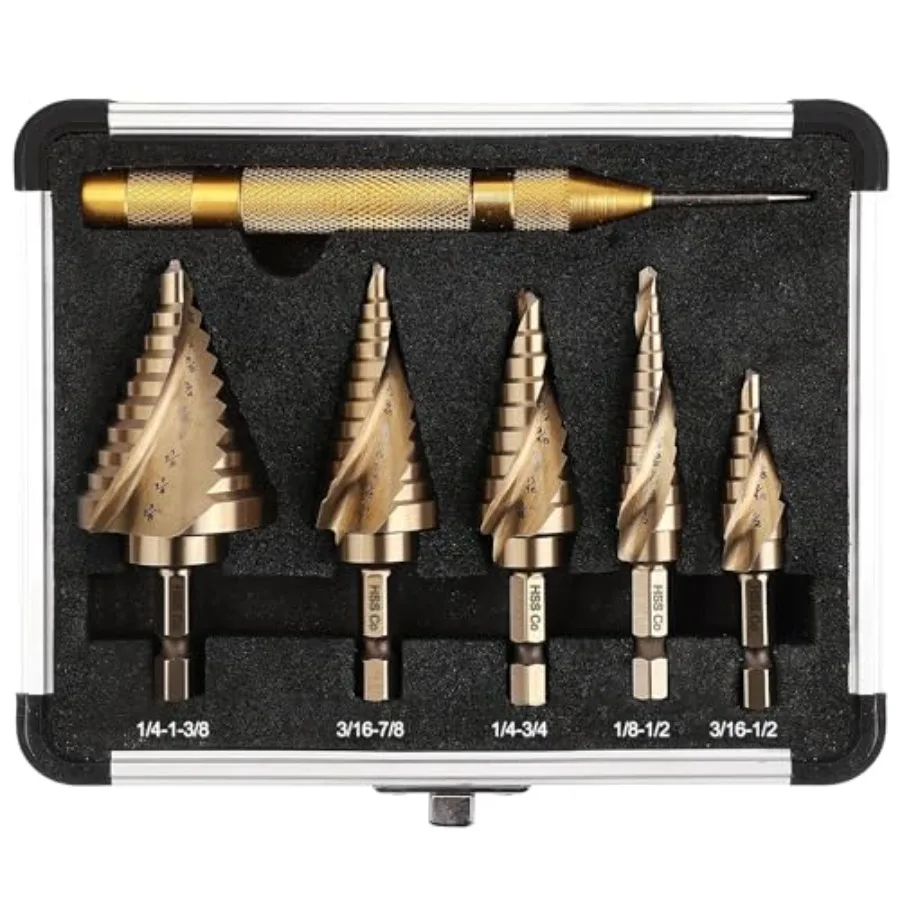 Cobalt Step Drill Bit Set Hex Shank Step Drill with Two Spiral Flutes and Automatic Center Punch for Metal Stainless Steel Alum
Cobalt Step Drill Bit Set Hex Shank Step Drill with Two Spiral Flutes and Automatic Center Punch for Metal Stainless Steel Alum