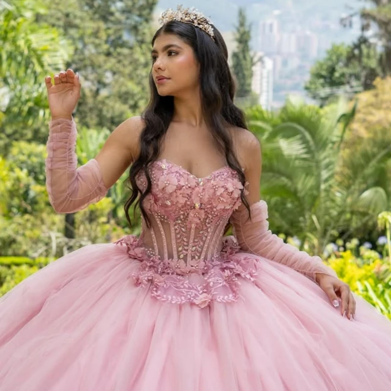 Customized pink Quinceanera Dresses Off the Shoulder crystal applique Lace 3D flower Long tail Vestido 15 Quinceanera 
Customized pink Quinceanera Dresses Off the Shoulder crystal applique Lace 3D flower Long tail Vestido 15 Quinceanera