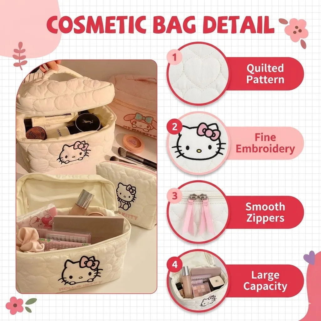 Our ultra-soft quilted cloud-puff makeup bags feature high-quality embroidery of your favorite iconic characters Hello Kitty
Our ultra-soft quilted cloud-puff makeup bags feature high-quality embroidery of your favorite iconic characters Hello Kitty