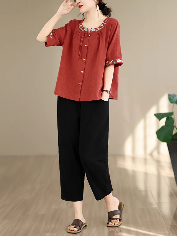 Summer 2026 Loose Slimming Cotton Linen Chinese Style Embroidered Shirt Top Casual Harlan Pants Two Piece Set Women's Fashion
Summer 2026 Loose Slimming Cotton Linen Chinese Style Embroidered Shirt Top Casual Harlan Pants Two Piece Set Women's Fashion