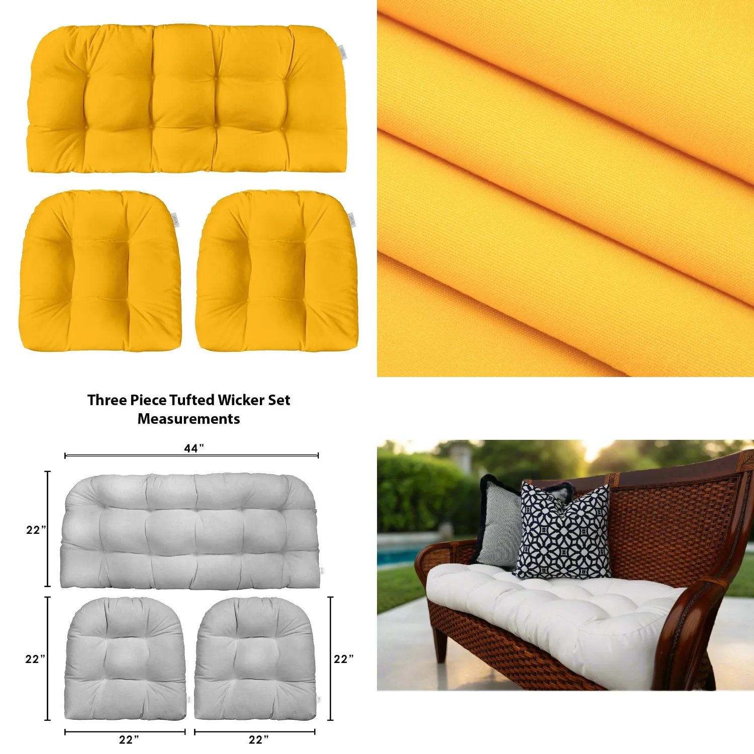 3 Piece Tufted Wicker Loveseat Set Outdoor Chair Cushions Patio 44"x22" & 2-22"x22" U-Shaped Canvas Sunflower Yellow, Customized
3 Piece Tufted Wicker Loveseat Set Outdoor Chair Cushions Patio 44"x22" & 2-22"x22" U-Shaped Canvas Sunflower Yellow, Customized