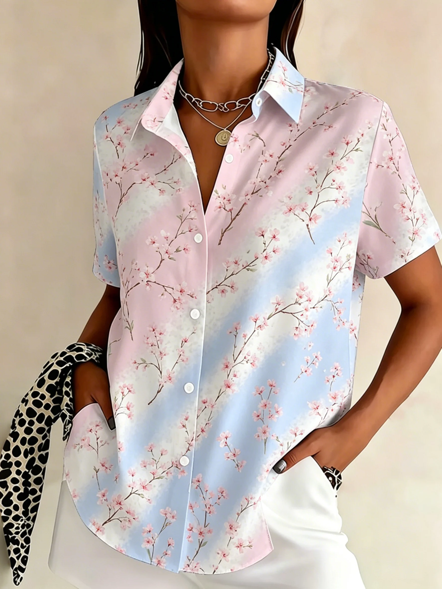 Women's Spring Summer Lapel Shirt, Pink Blue Gradient Cherry Blossom Branch Floral Print Casual Tops for Daily Outfit
Women's Spring Summer Lapel Shirt, Pink Blue Gradient Cherry Blossom Branch Floral Print Casual Tops for Daily Outfit