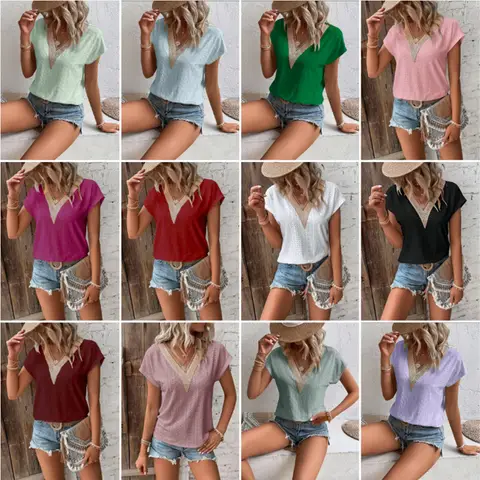 Elegant Women's Top Short Sleeved Tshirt Summer V-neck Lace Casual Solid Color Bat Sleeve T-shirt Y2k Women's T-shirts Футболки