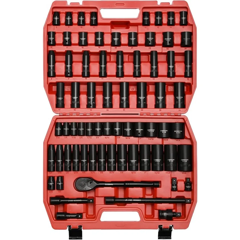 1/2-inch 70 Pieces Impact Socket Master Set, SAE & Metric from 5/16"-1-1/4",8-24mm, Shallow/Deep Socket with Ratched Hand
1/2-inch 70 Pieces Impact Socket Master Set, SAE & Metric from 5/16"-1-1/4",8-24mm, Shallow/Deep Socket with Ratched Hand