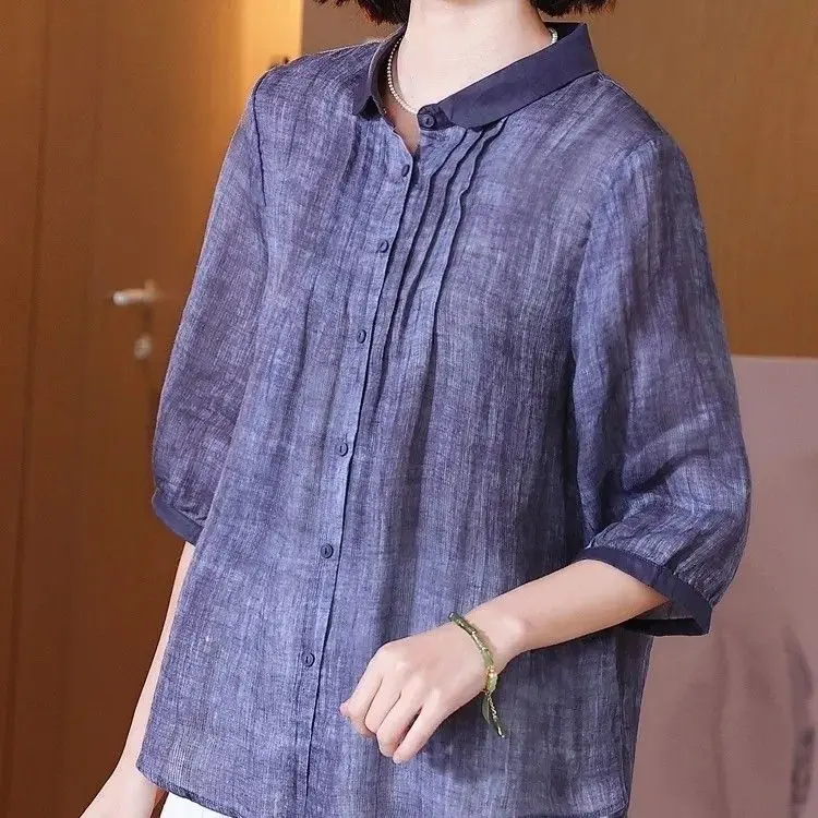 Cropped Sleeves Retro Elegant Temperament Ramie Top for Women 2025 Spring New Stand Collar Loose Casual Simple Shirt
Cropped Sleeves Retro Elegant Temperament Ramie Top for Women 2025 Spring New Stand Collar Loose Casual Simple Shirt