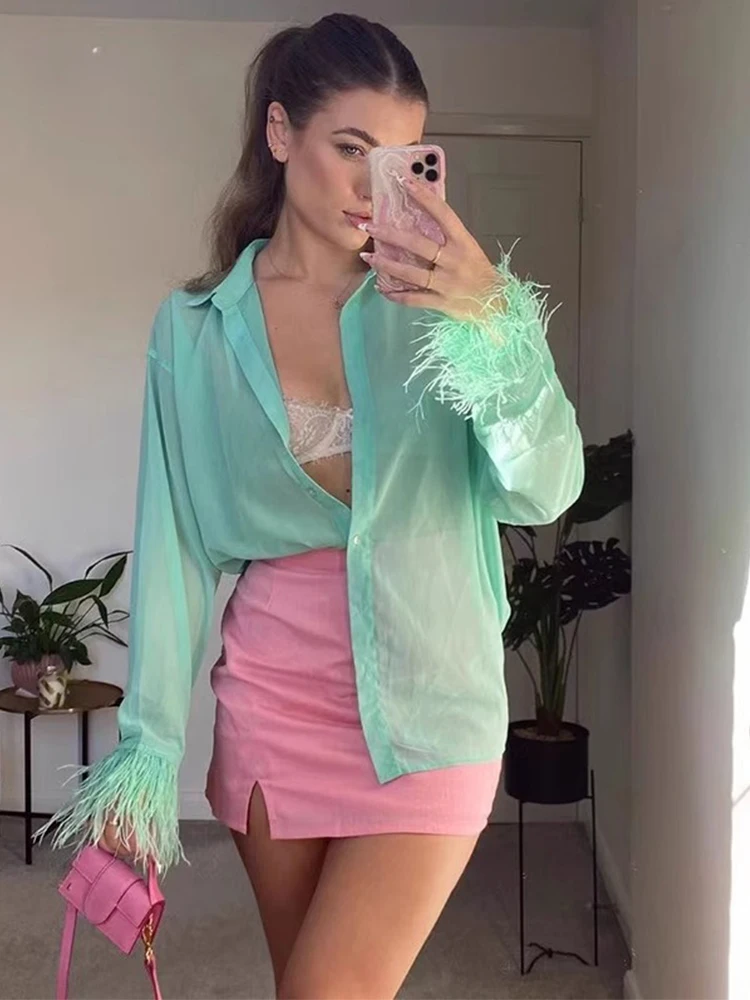 Naturaleye Summer Long Sleeve Transparent Feather Splicing Loose Thin Shirt Women's Collar Button up Cotton Polyester Blend
Naturaleye Summer Long Sleeve Transparent Feather Splicing Loose Thin Shirt Women's Collar Button up Cotton Polyester Blend